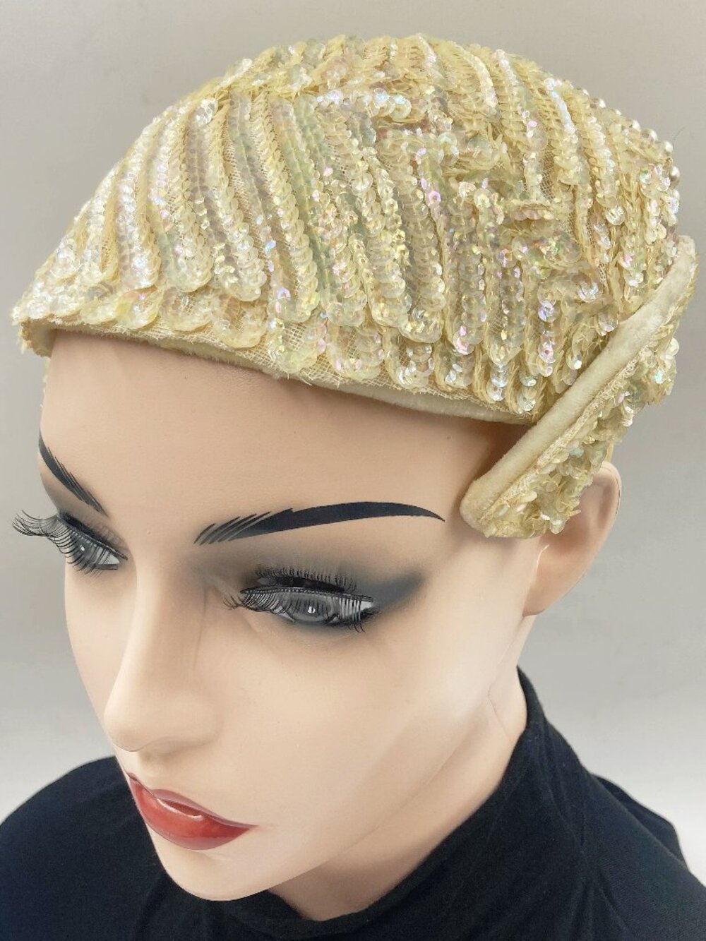 Vintage Iridescent cream sequins-covered skullcap hat ~ 1950s wedding Juliet cap